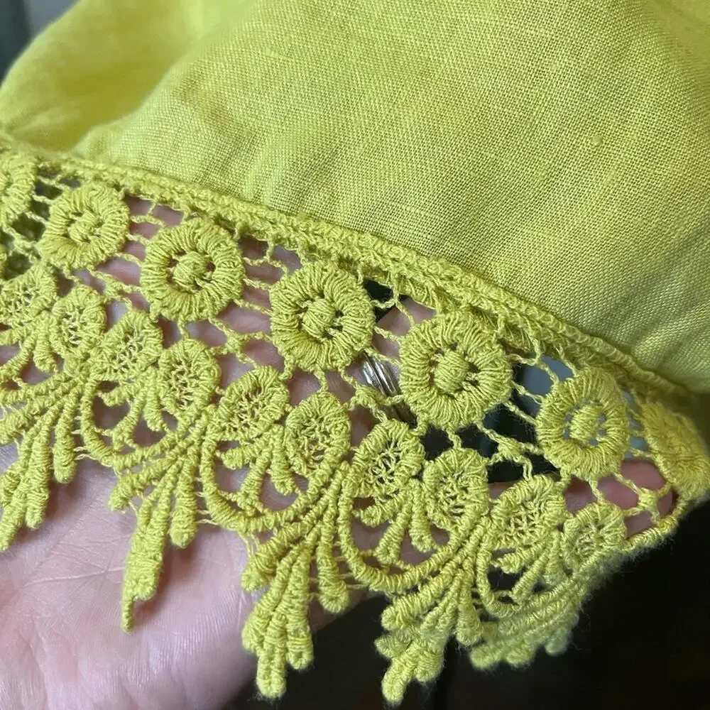 Terzo Millenio LINEN Chartreuse Crochet Lace Cap Sleeve Top Shirt Blouse L‎